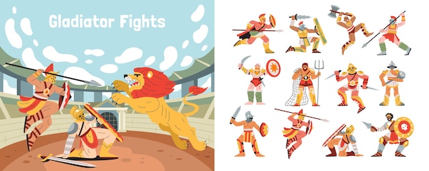 Free Vector gladiator fights set of flat compositions with ancient warriors with armour and lions in stadium colosseum vector illustration