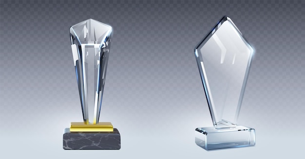 Free vector glass award mockup with empty transparent plate on base realistic vector illustration set of crystal trophy for sport competition or business achievement and recognition prize acrylic winner cup