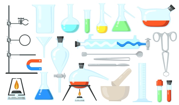 Free vector glass beakers set. lab tubes and bottles, tools for chemical experiment. flat vector illustration for chemistry, laboratory, lab research, science concept.