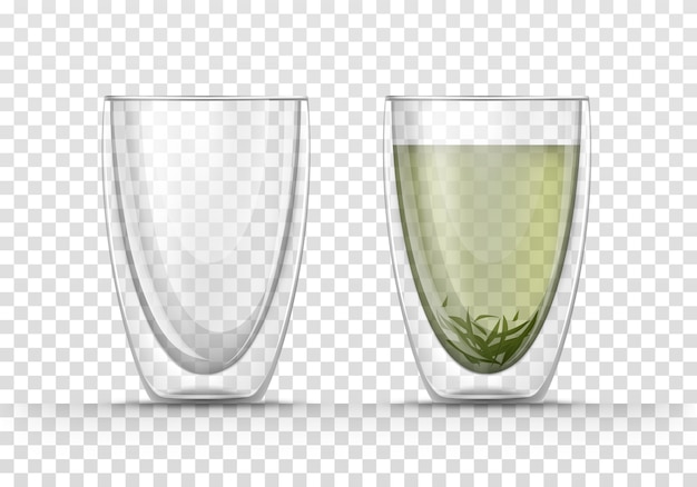 Free vector glass blank cup with double walls and mug with green tea.