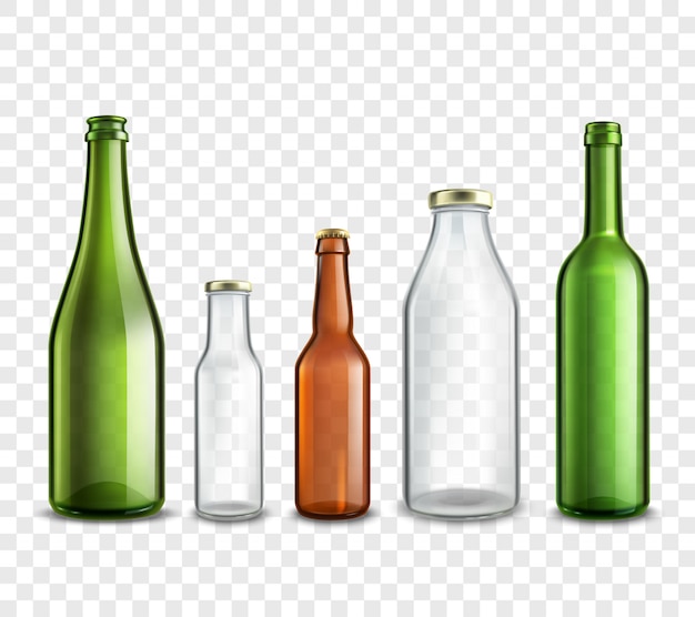 Glass bottles realistic 3d set 