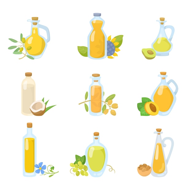 Glass bottles of vegetable oils cartoon illustration set. Olive, avocado, flax seed, sesame, coconut, grape, sunflower and extra virgin olive oil in jars. Cooking concept