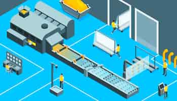 Free vector glass production isometric  background illustrated factory floor with control panel and conveyor vector illustration