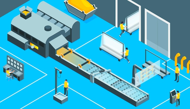 Free Vector glass production isometric  background illustrated factory floor with control panel and conveyor vector illustration