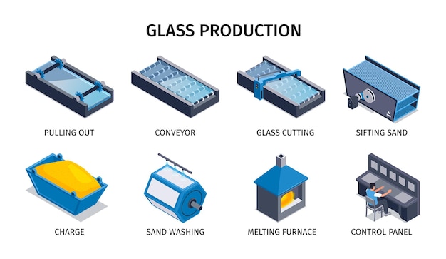 Free vector glass production isometric icons depicting washing and sifting sand melting furnace conveyor pulling out isolated vector illustration