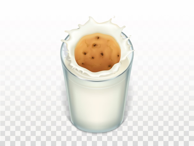 Free Vector glass with milk, oatmeal cookie, splashing in the cup. mock up of sweet dessert