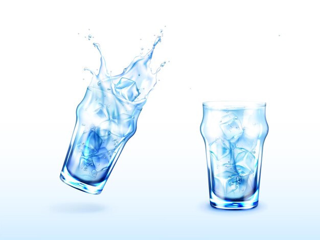 Glass with water and ice cubes cold drink in transparent cup with splash