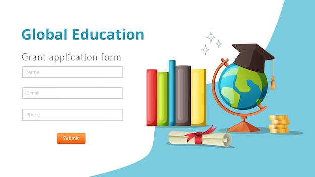 Free Vector global education student exchange cartoon web site landing page with contact forms submit button and books vector illustration