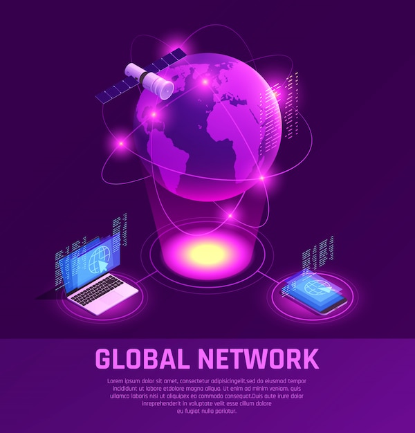 Global network isometric glowing composition with mobile devices and satellite internet on purple