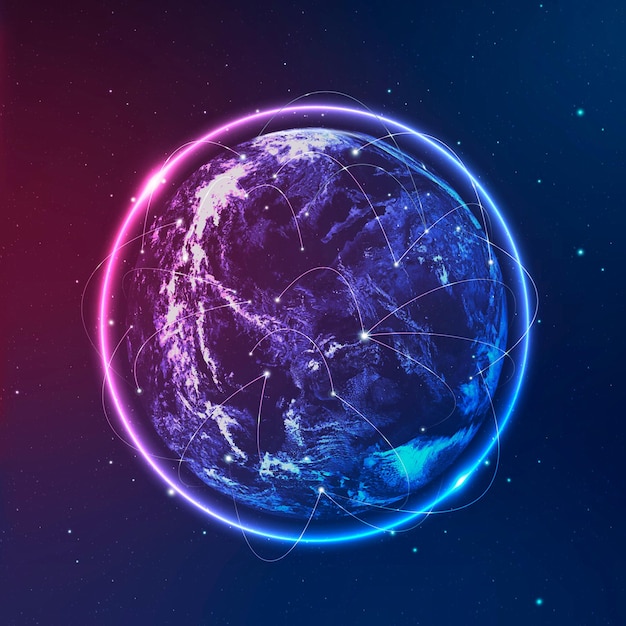 Free Vector global network technology icon in neon on gradient background