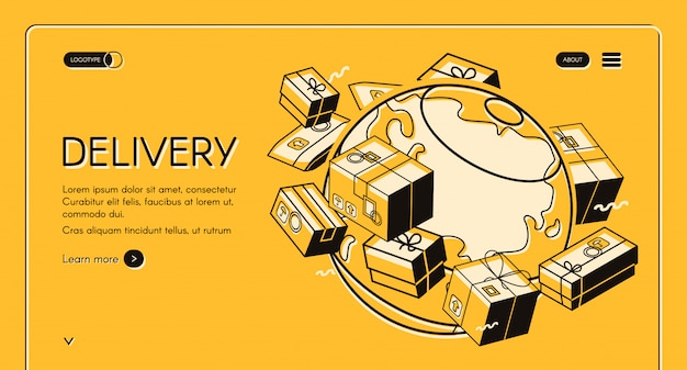 Global postal mail delivery illustration in isometric thin line design 