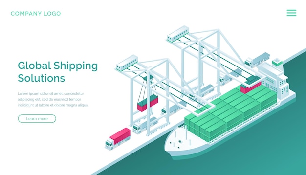 Free Vector global shipping solutions isometric landing page.