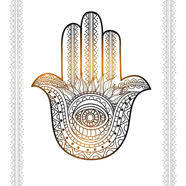  Glossy hand drawn illustration of Hamsa Hand with ethnic ornamental pattern, Creative Boho style element. 