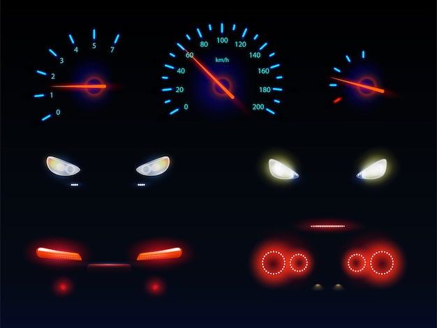 Free Vector glowing in darkness blue, red and white light, car front, back headlights, speedometer and tachometer scales, battery, fuel or oil level indicators 3d realistic vector set