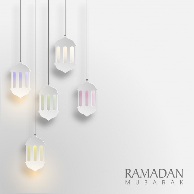  Glowing hanging paper lamps decorated background for Islamic Holy Month, Ramadan Mubarak. 