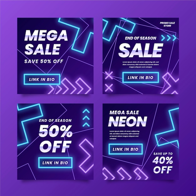 Free Vector glowing neon sales instagram post set