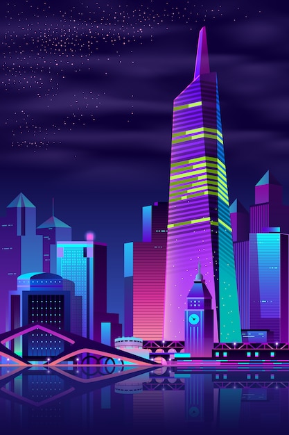 Free Vector glowing tower on river, big city