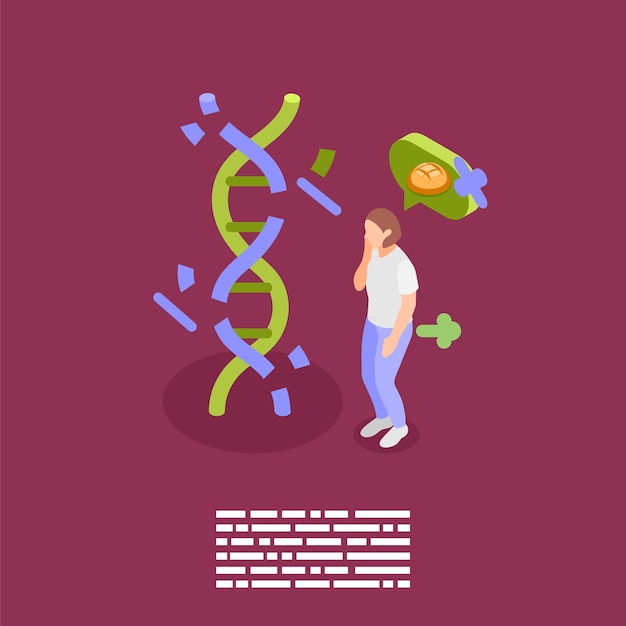 Free Vector gluten intolerance isometric background composition with view of broken dna and human character thinking of food vector illustration