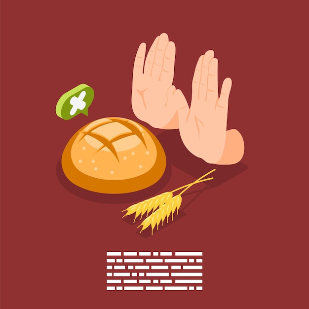 Free Vector gluten intolerance isometric composition of prohibition sign hands gesture wheat sprouts and bread on solid background vector illustration