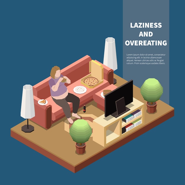 Free Vector gluttony concept with plump woman eating pizza at home 3d isometric  illustration