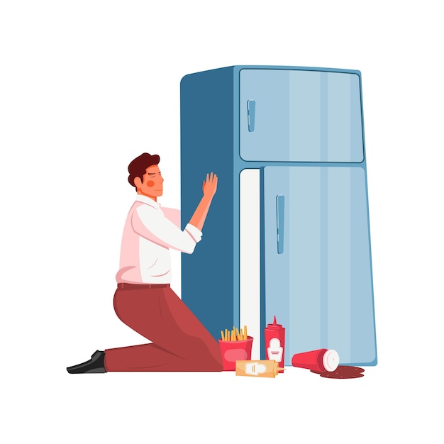 Free Vector gluttony flat concept with man hugging fridge with junk food on floor