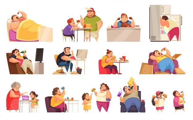 Gluttony icons set with obsessive eating symbols flat isolated