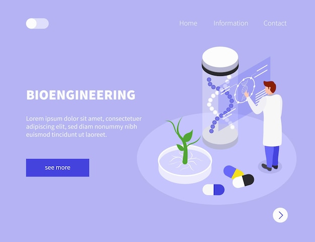 Gmo website template with isometric illustration  scientist meds and dna