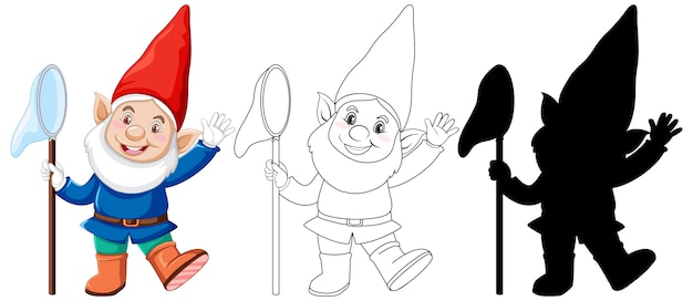 Gnome in color and outline and silhouette in cartoon character on white background