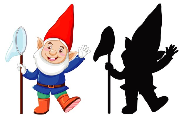 Gnome in color and outline and silhouette in cartoon character on white background