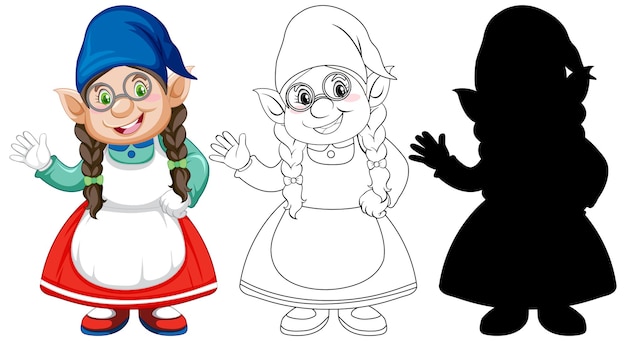 Free Vector gnome in color and outline and silhouette in cartoon character on white