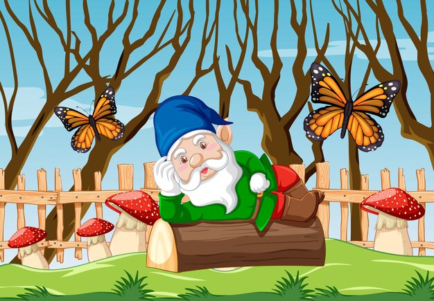 Gnome lying down on timber on garden background