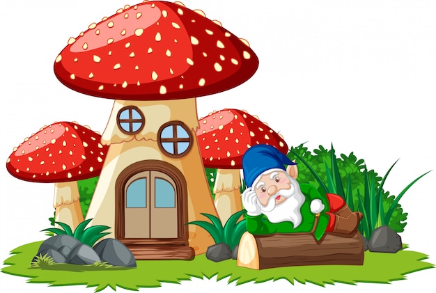 Free Vector gnome lying on stump beside mushroom house on white background