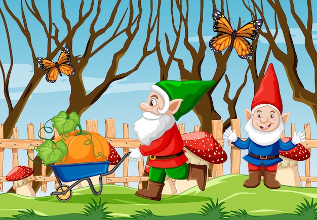 Gnome pushing pumpkin cart and butterfly in the garden cartoon style scene