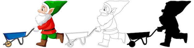 Free Vector gnome in santa costume in color and outline and silhouette in cartoon character on white