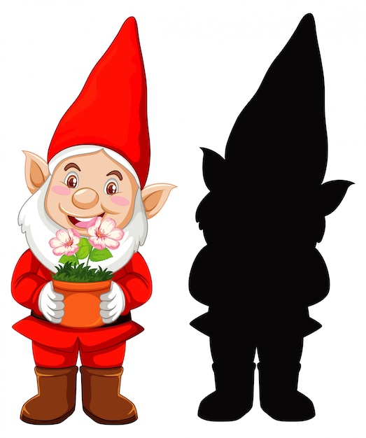 Free vector gnome in santa costume in color and silhouette in cartoon character on white background