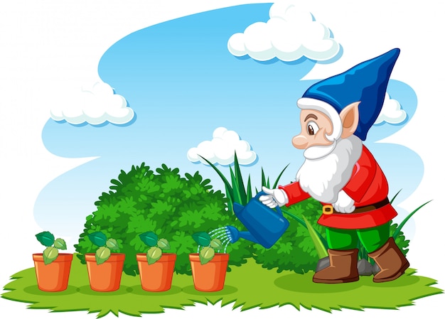 Free Vector gnome watering plants in the garden on white background