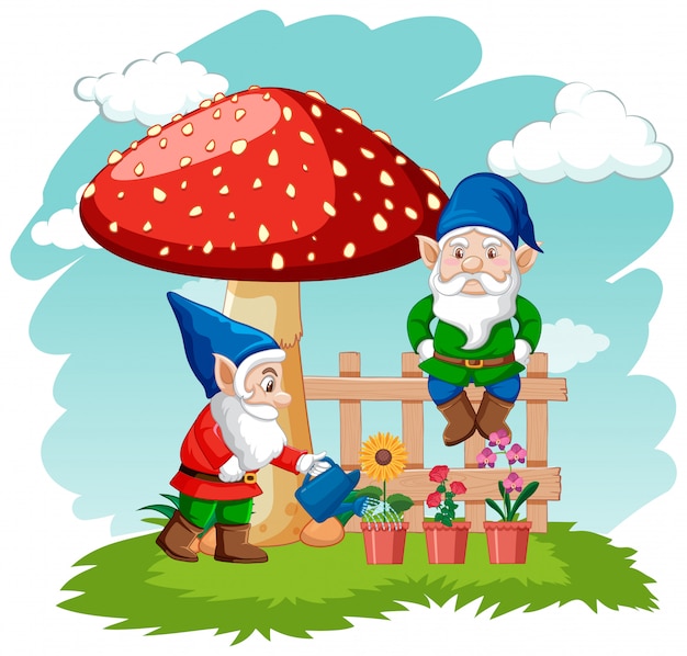 Free Vector gnome watering plants in the garden on white background