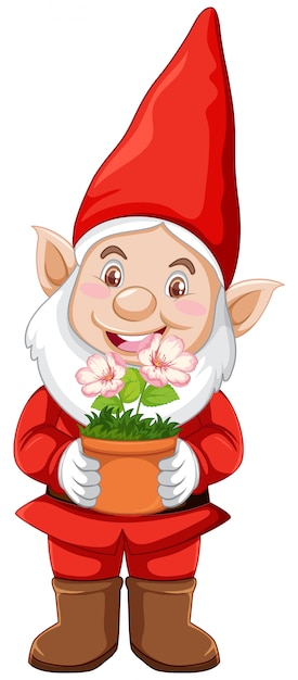 Free Vector gnome with plant pot in cartoon character on white background