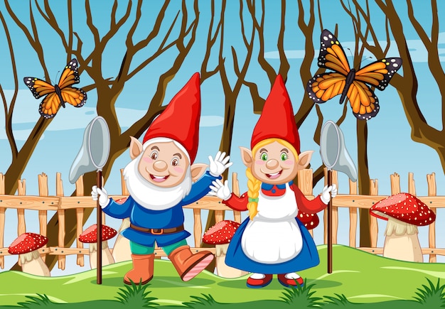 Gnome with red mushroom and butterfly in the garden scene