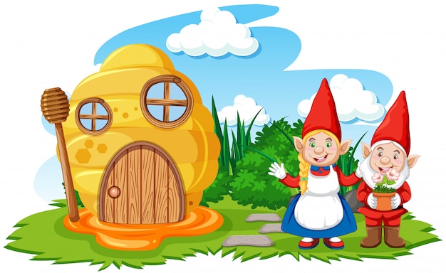 Free Vector gnomes and honeycomb house in the garden cartoon style on sky background