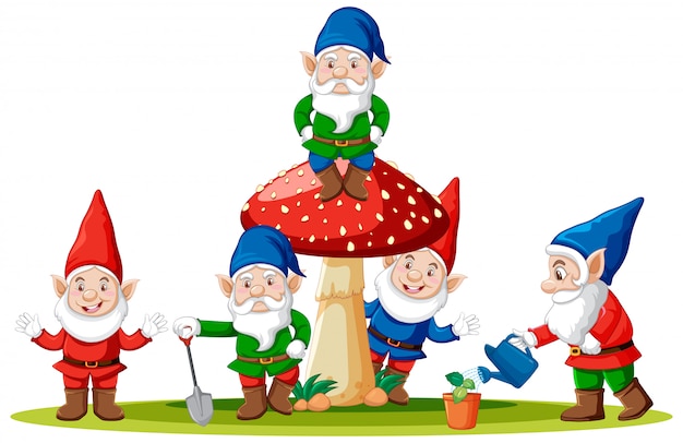 Gnomes and mushroom in cartoon style on white background