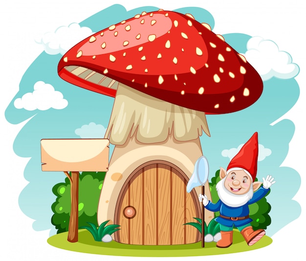 Gnomes and mushroom house cartoon style on white background