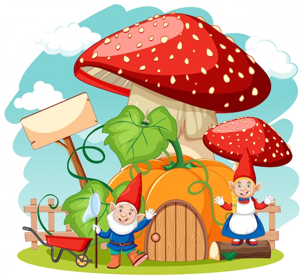 Gnomes and mushroom house cartoon style on white background