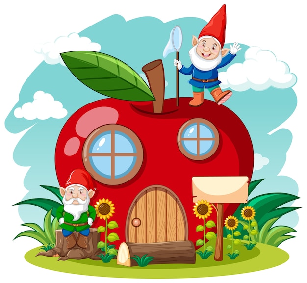 Free Vector gnomes and red apple house cartoon style on sky