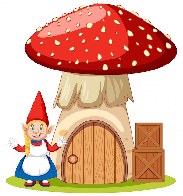 Free Vector gnomes standing beside mushroom house cartoon character on white background