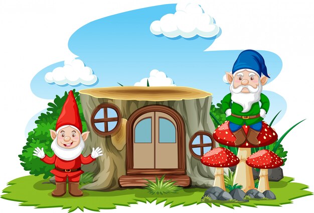 Gnomes standing beside stump house cartoon character on white background