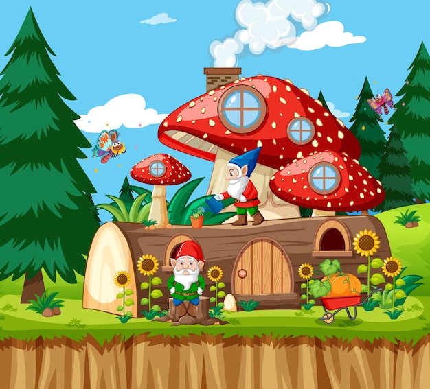 Gnomes and timber mushroom house and in the garden cartoon style on garden