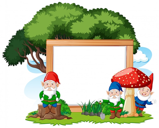 Gnomes and tree with blank banner cartoon style on white background