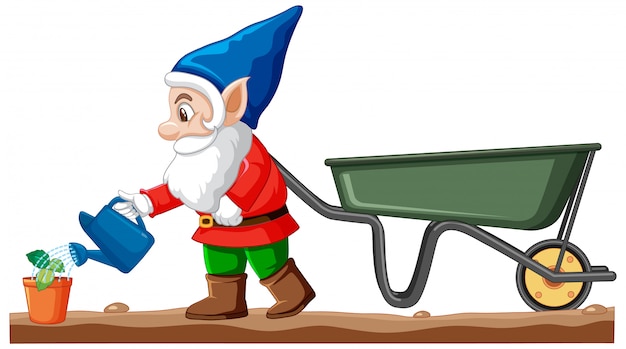 Gnomes watering plant with wheelbarrow cart cartoon style on white background