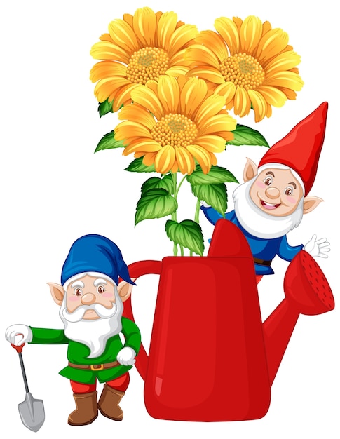 Free Vector gnomes with flowers inside watering can in cartoon character on white background